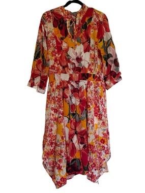 Figueroa & Flowers Floral Asymmetrical Dress, fully lined , 3/4 sleeve, size XL